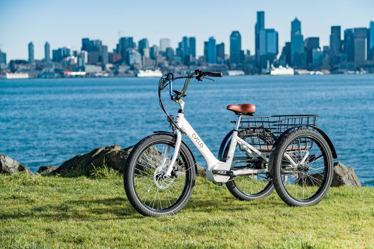 The Art of Drawing Readers In: Your attractive post title goes here Electric tricycle facing Seattle skyline by the sea, symbolizing modern and eco-friendly transportation.
